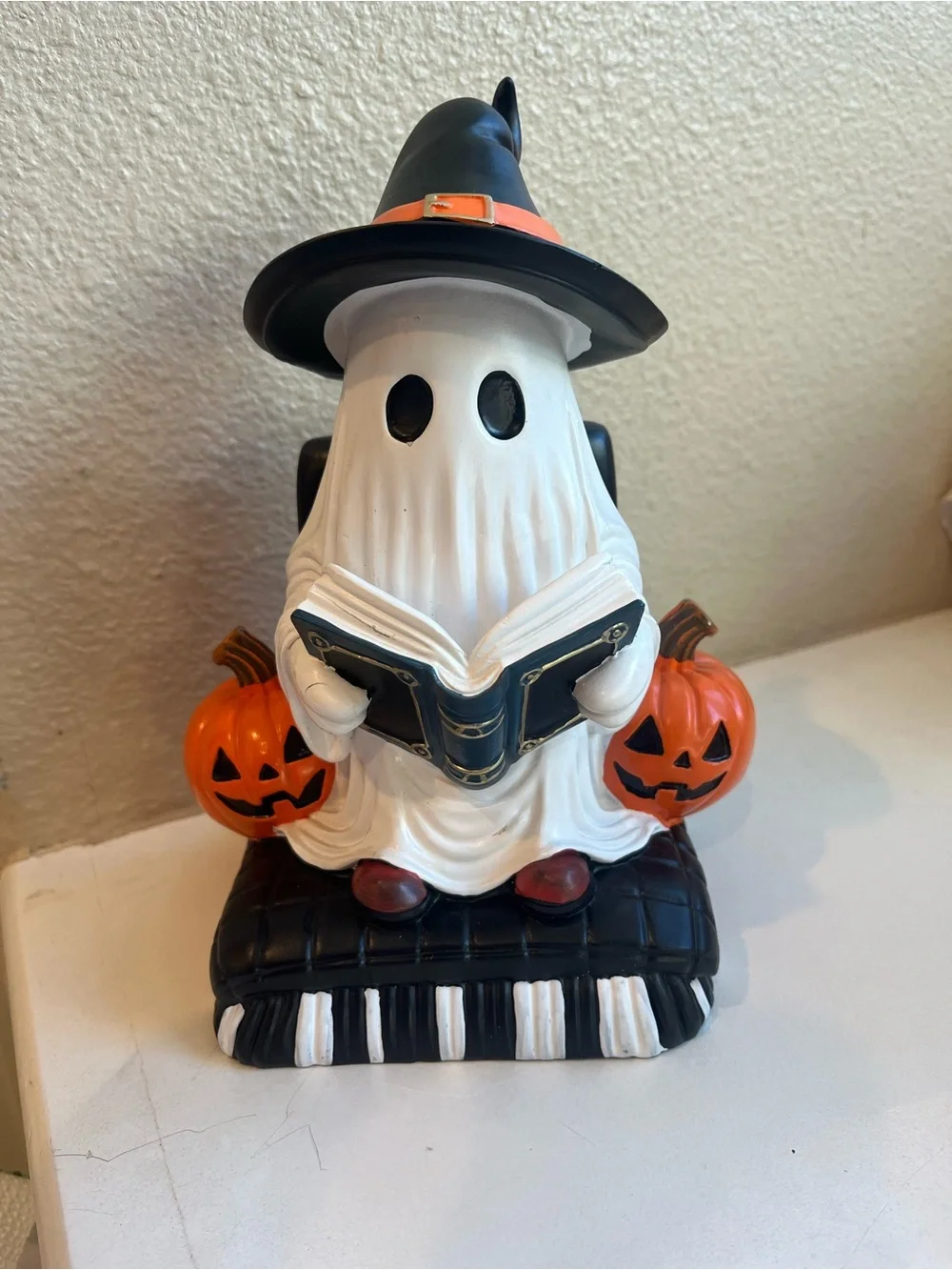 Halloween Ghost Reading a Book Figurine with Pumpkins and Witch Hat